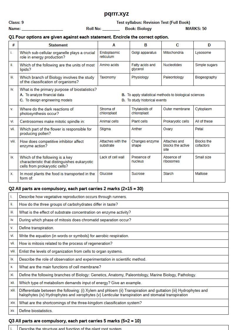 First page of 9th Biology – Complete book – Revision Test, 50 marks (English)