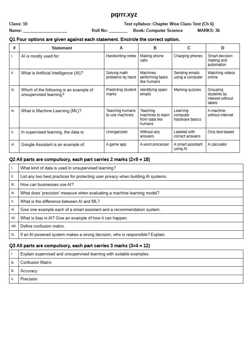 First page of 10th Computer Science – Chapter 6 – Introduction to Artificial Intelligence (AI) and Machine Learning (ML) – Chapter Wise Class Test, 30 marks (English)