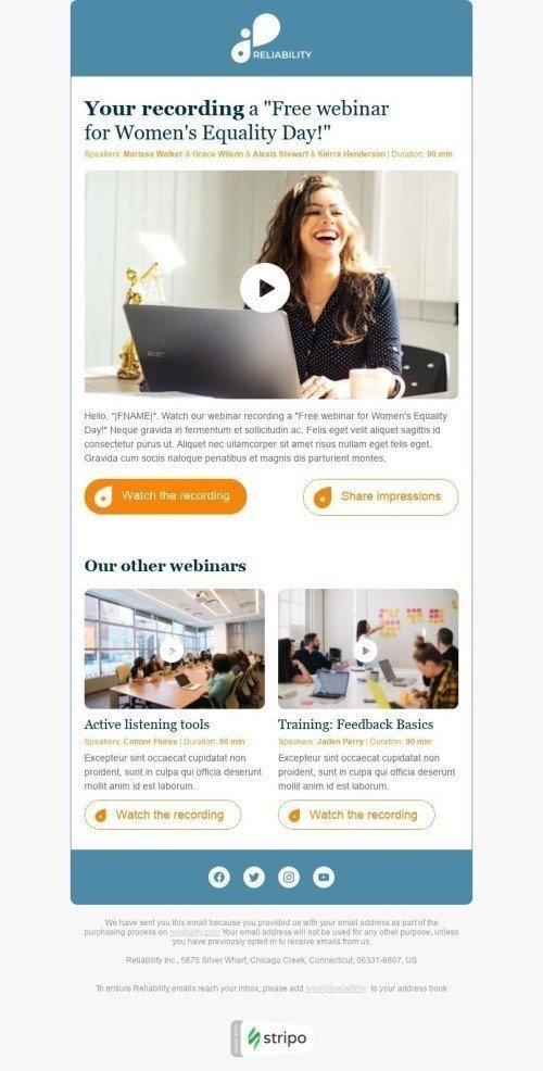 Women's Equality Day Email Template "Your recording" for Webinars industry