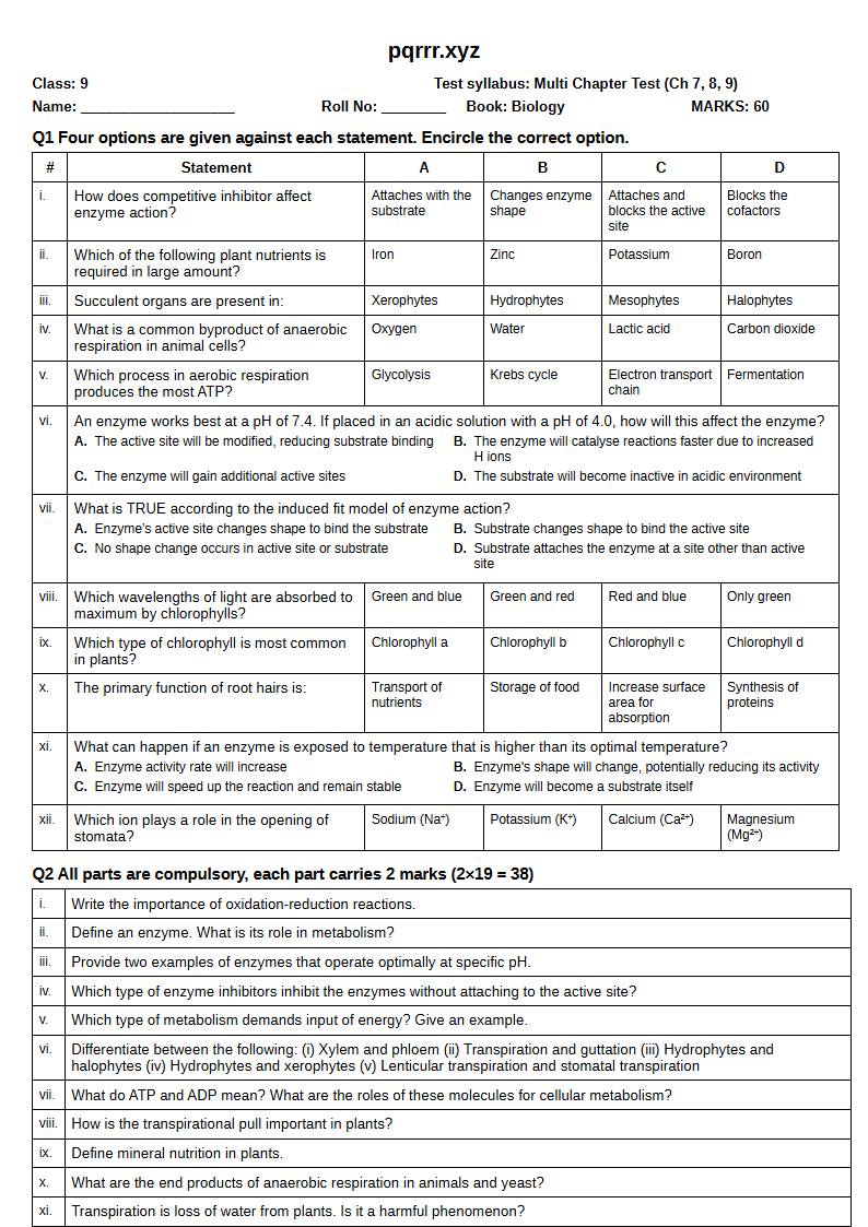 First page of 9th Biology – Chapters 7–9 – Multi Chapter Test, 60 marks (English)
