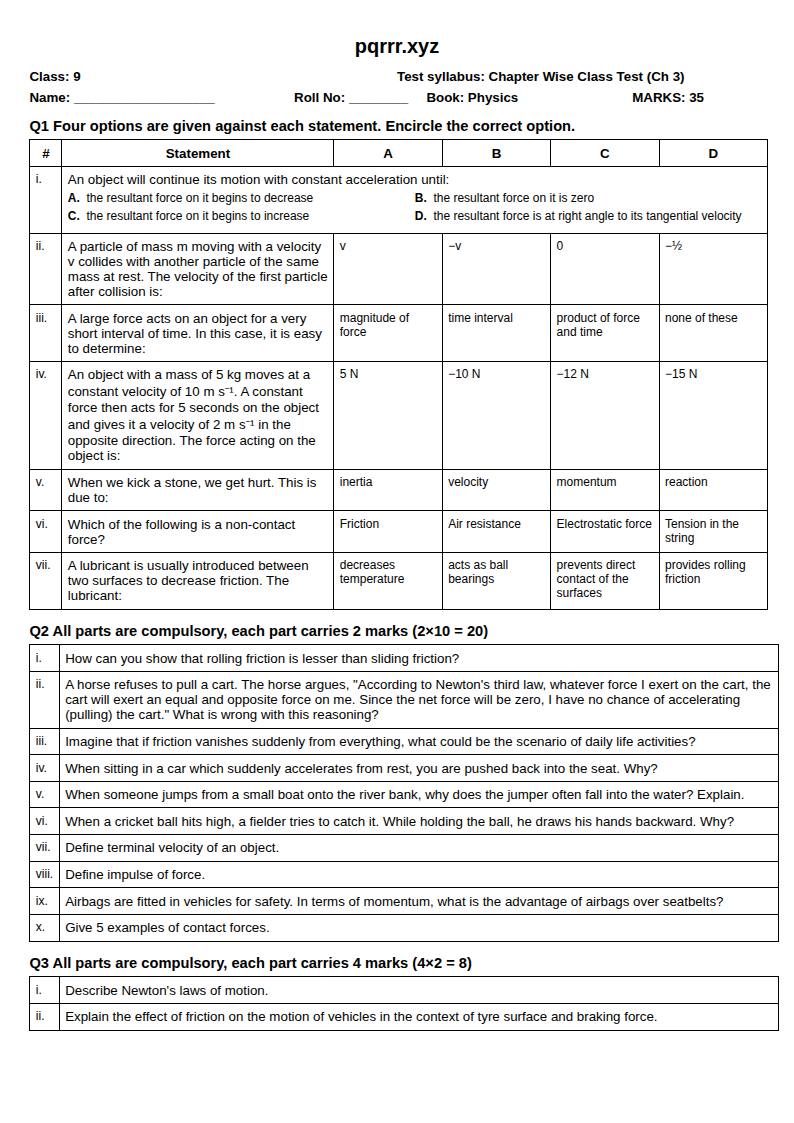 First page of 9th Physics – Chapter 3 – Dynamics – Chapter Wise Class Test, 35 marks (English)