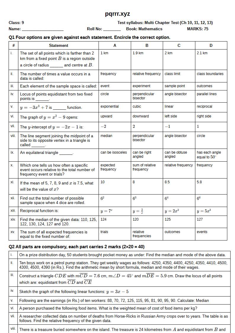 First page of 9th Mathematics – Chapters 10–13 – Multi Chapter Test, 75 marks (English)