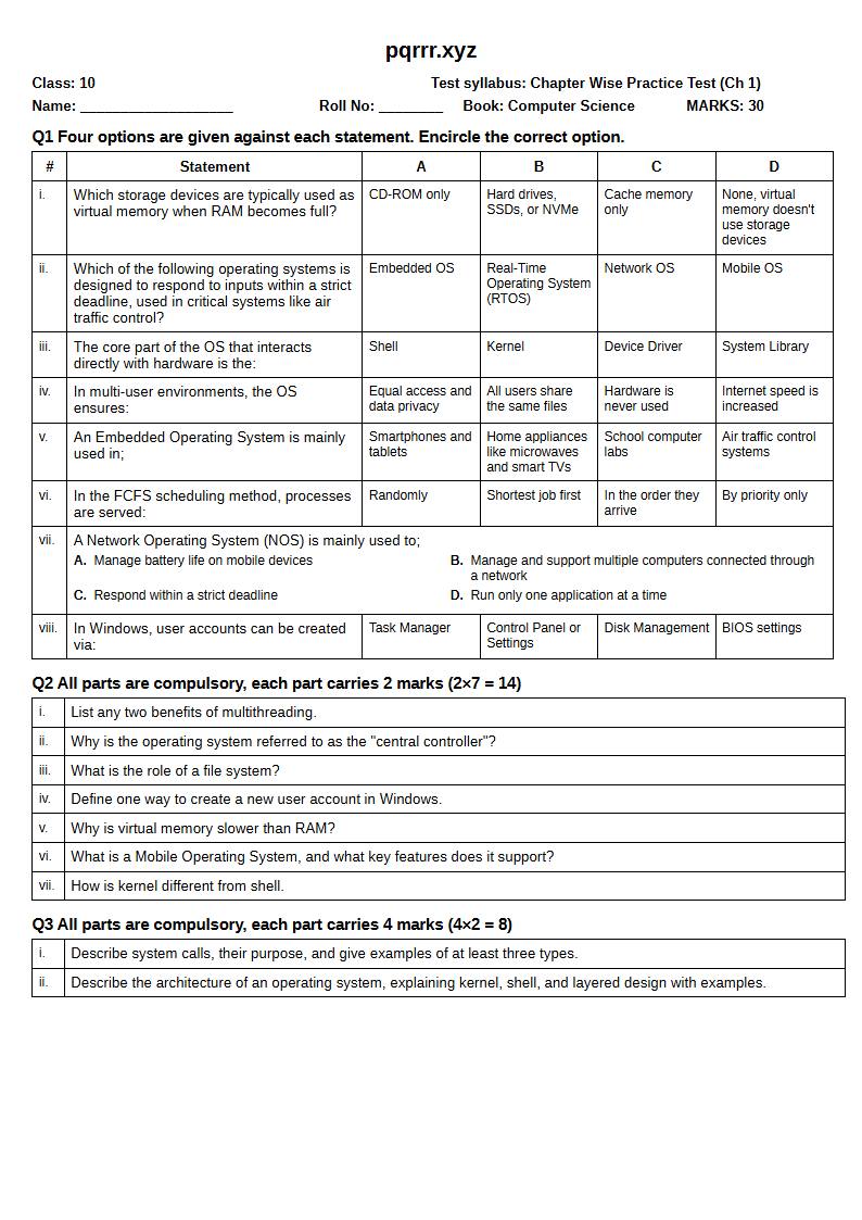 First page of 10th Computer Science – Chapter 1 – Operating Systems: Structure and Services – Chapter Wise Practice Test, 30 marks (English)