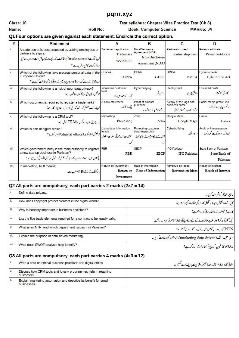 First page of 10th Computer Science – Chapter 8 – Digital Entrepreneurship – Chapter Wise Practice Test, 30 marks (English + Urdu)