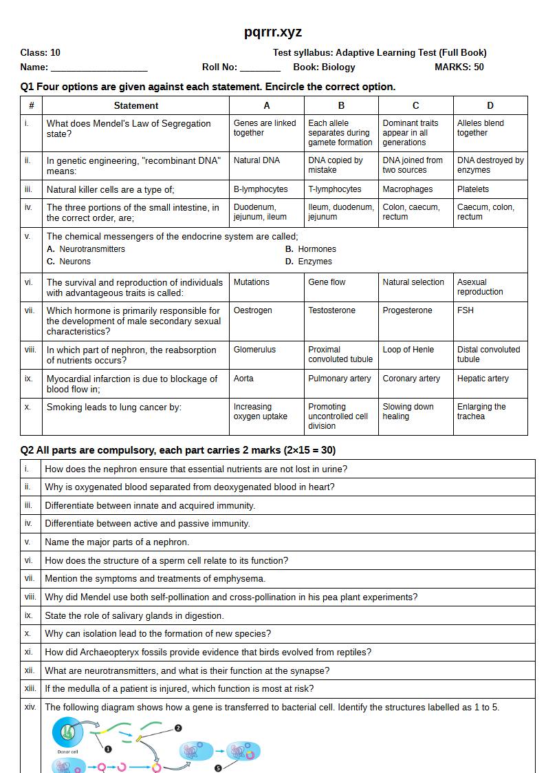 First page of 10th Biology – Complete book – Adaptive Learning Test, 50 marks (English)