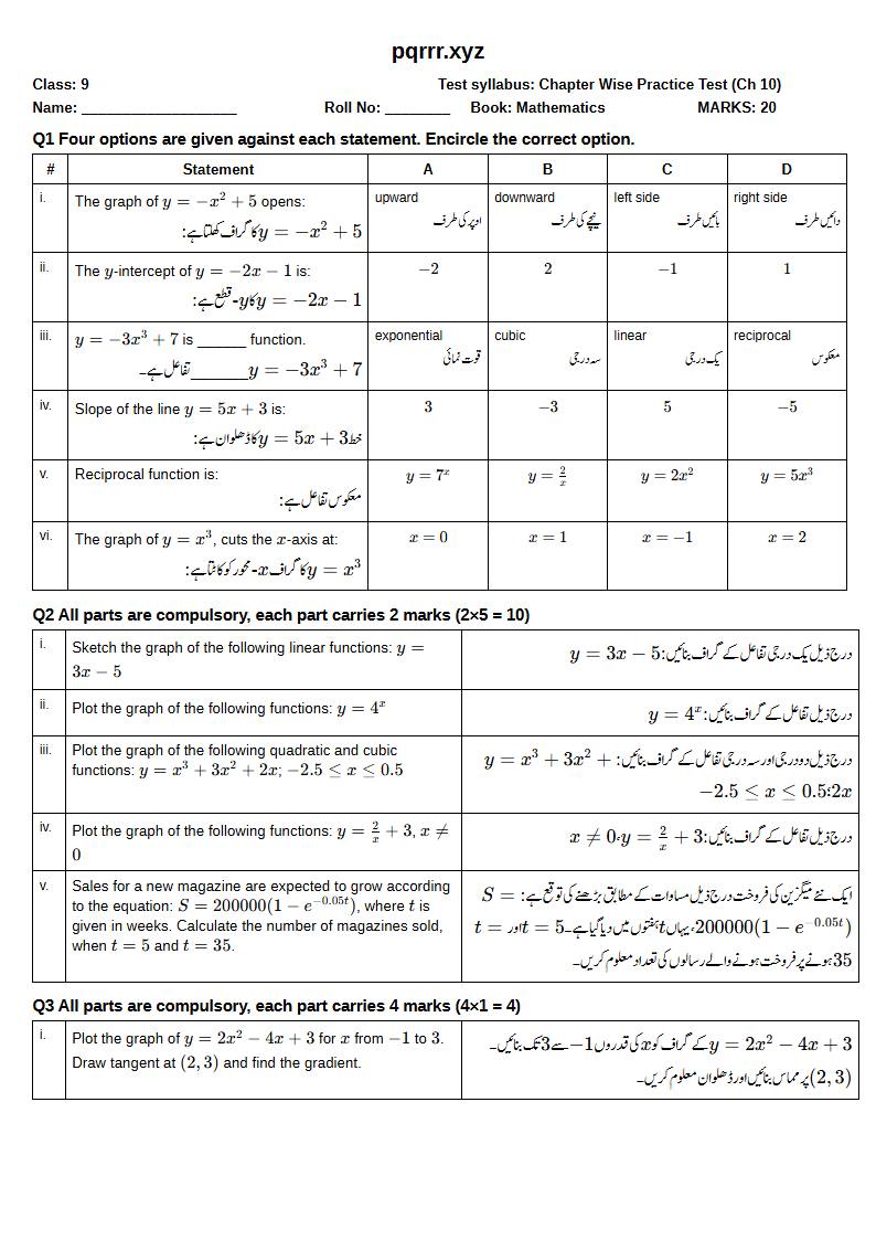 First page of 9th Mathematics – Chapter 10 – Graphs of Functions – Chapter Wise Practice Test, 20 marks (English + Urdu)