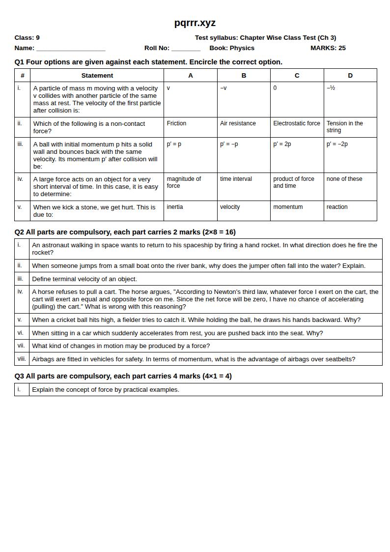 First page of 9th Physics – Chapter 3 – Dynamics – Chapter Wise Class Test, 25 marks (English)