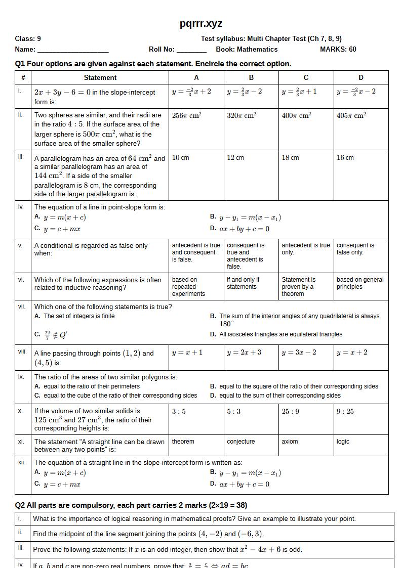 First page of 9th Mathematics – Chapters 7–9 – Multi Chapter Test, 60 marks (English)