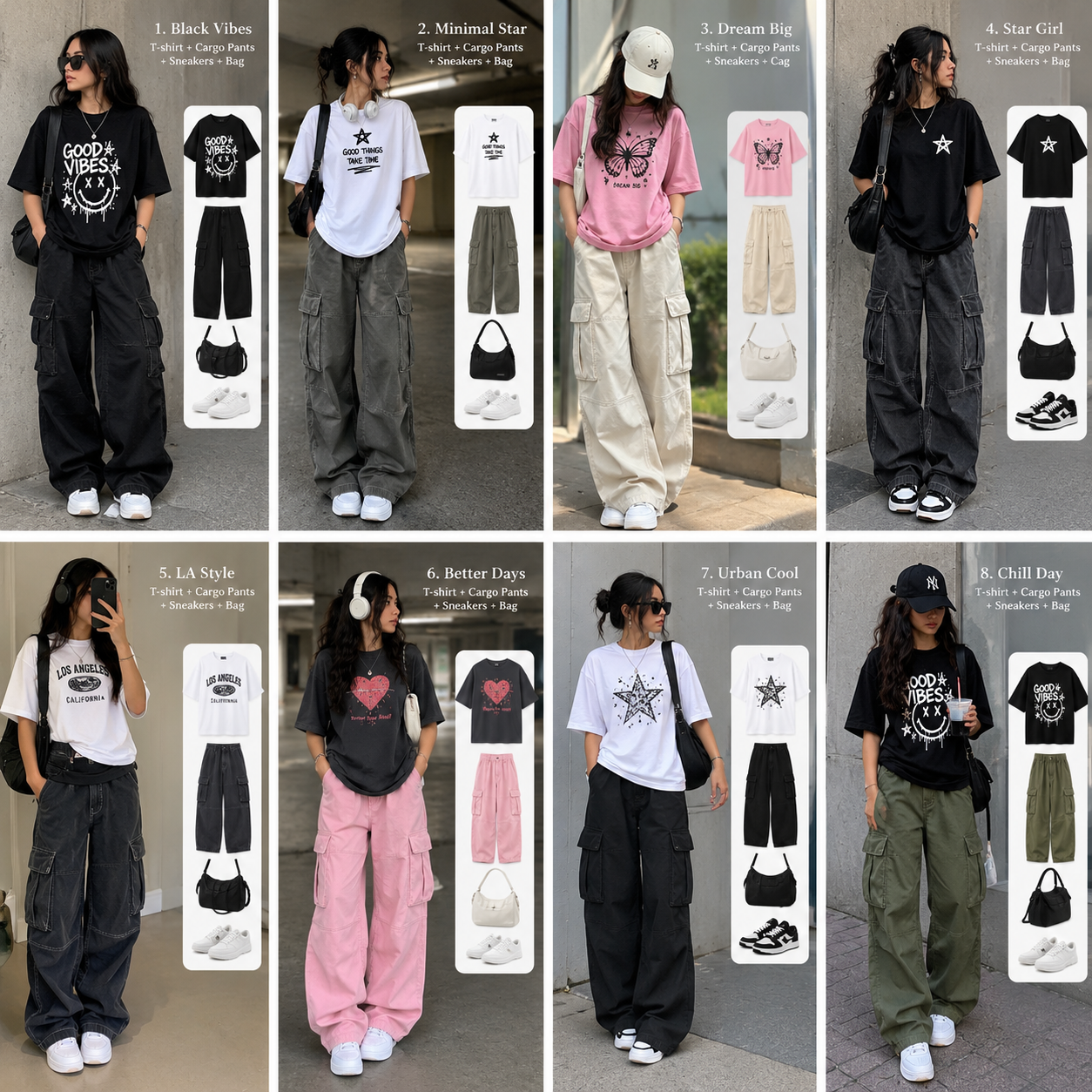 Women's Oversized Graphic T-shirt &Baggy Cargo Pants Outfit