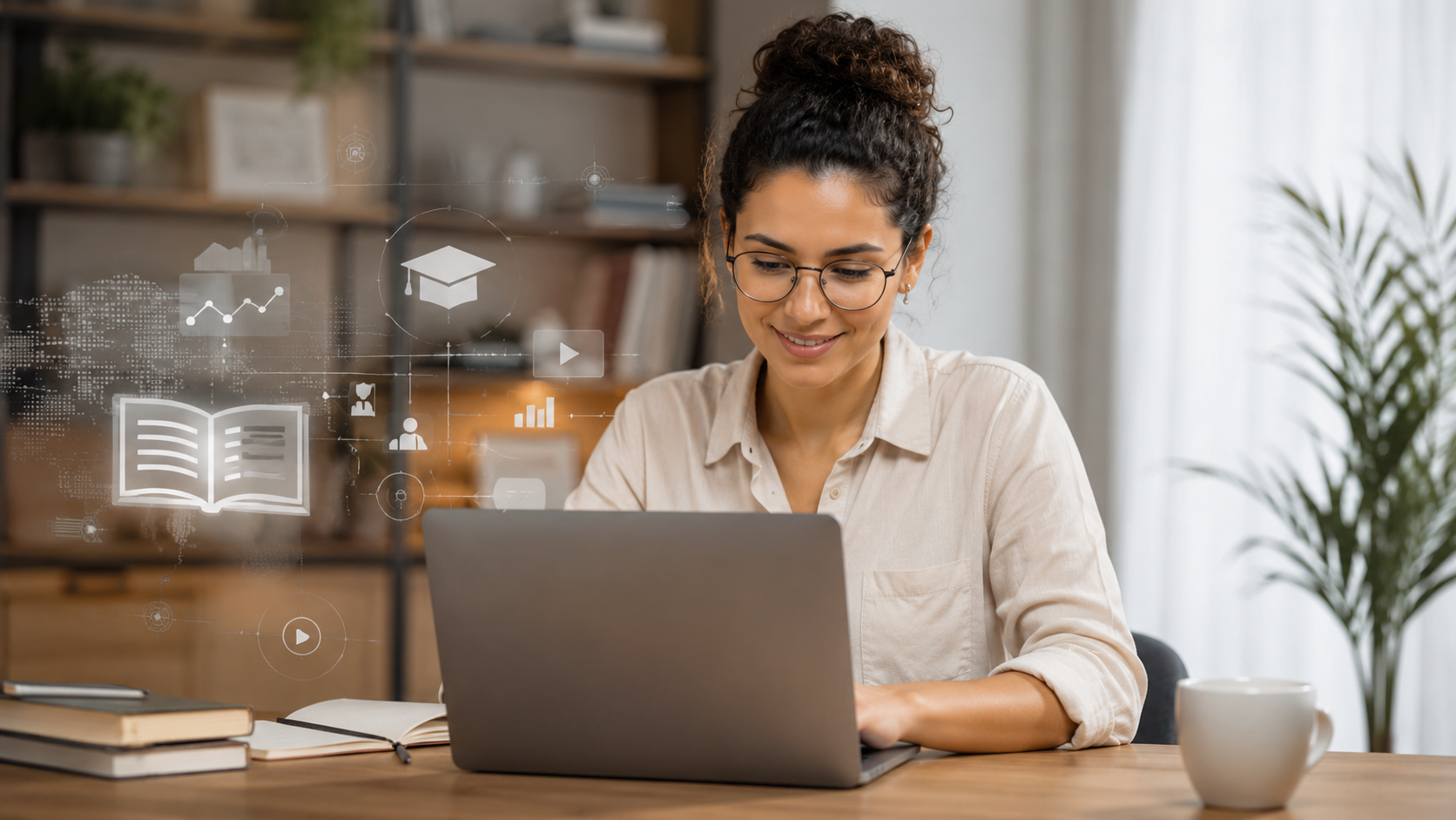 Pessoa estudando online em ambiente moderno com elementos digitais representando a Nova Política de EaD no Brasil.