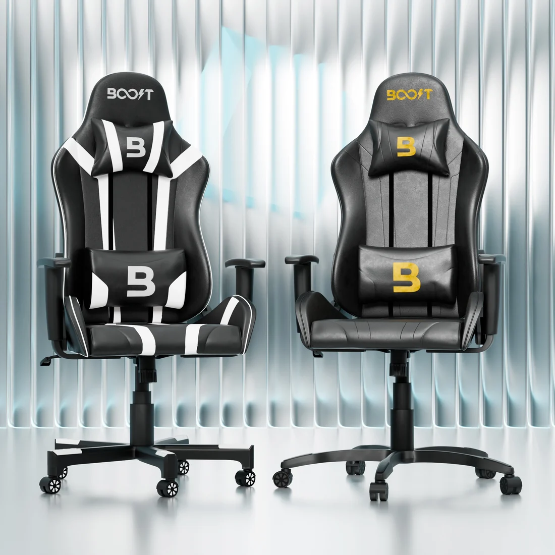 Boost Impulse Black chair set up at a modern workstation desk in a gaming room