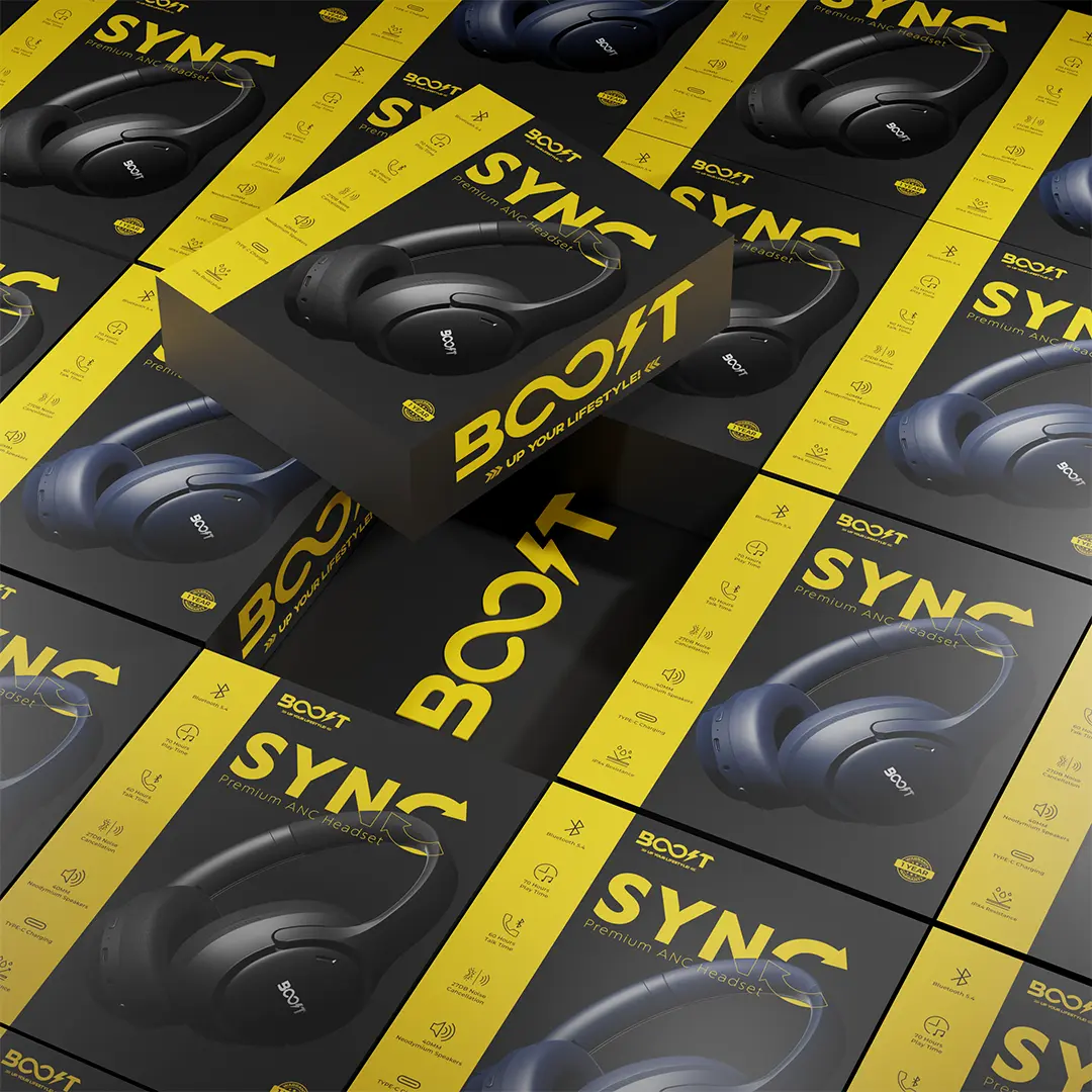 Close-up view of earcup controls on Boost Sync wireless earphones in Midnight Blue