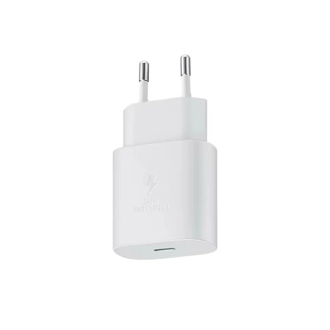25W PD Adapter charging a smartphone via USB-C to USB-C cable on office desk