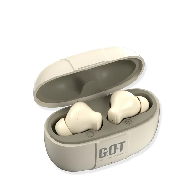 IPX4 water resistant GPOD VIBE Beige earbuds with charging case