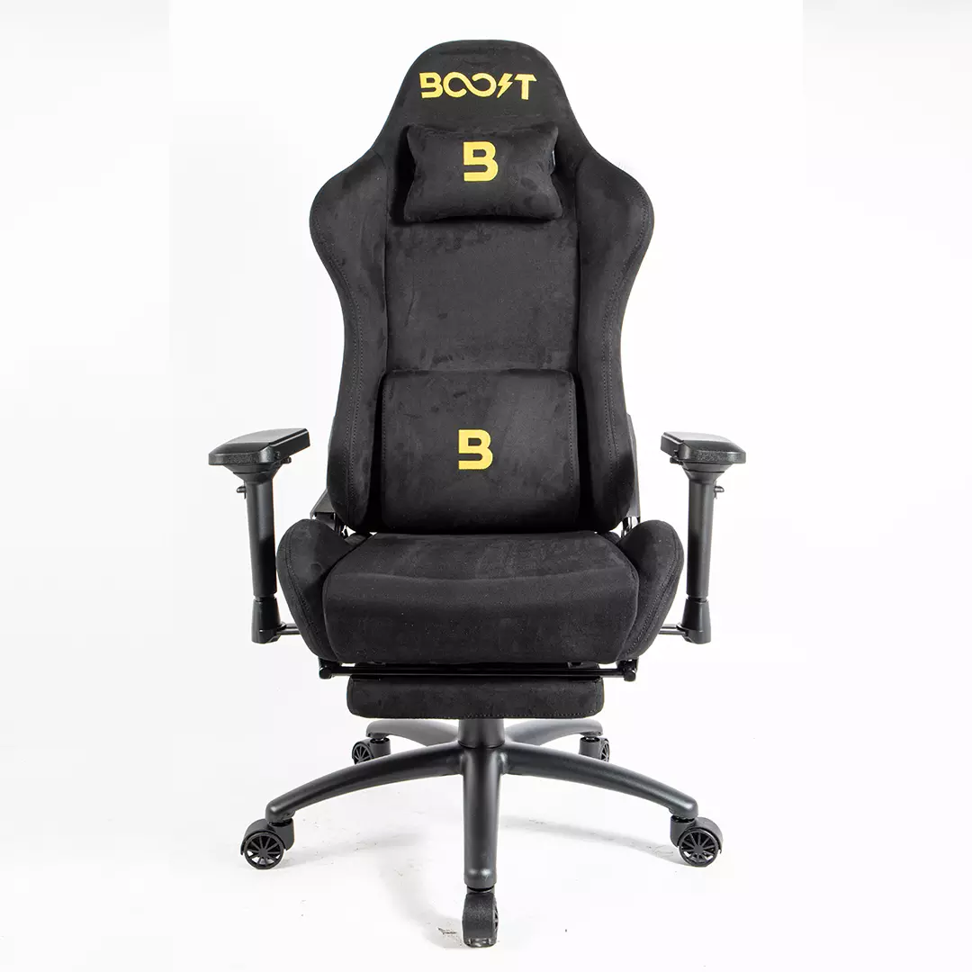 Side dimension diagram of Boost Dominion Black Ergonomic Gaming Chair showing 90 to 180 degree recline