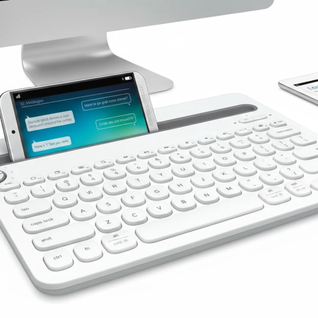 Logitech K480 keyboard Easy-Switch dial close-up showing three device connection channels.