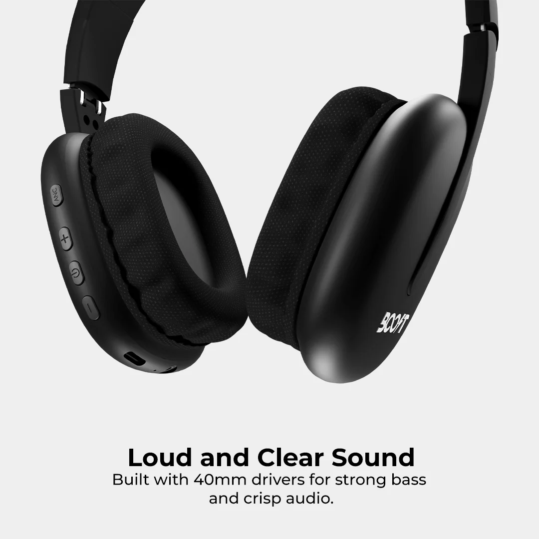 Boost Pulse matte black noise cancelling wireless headset angled view