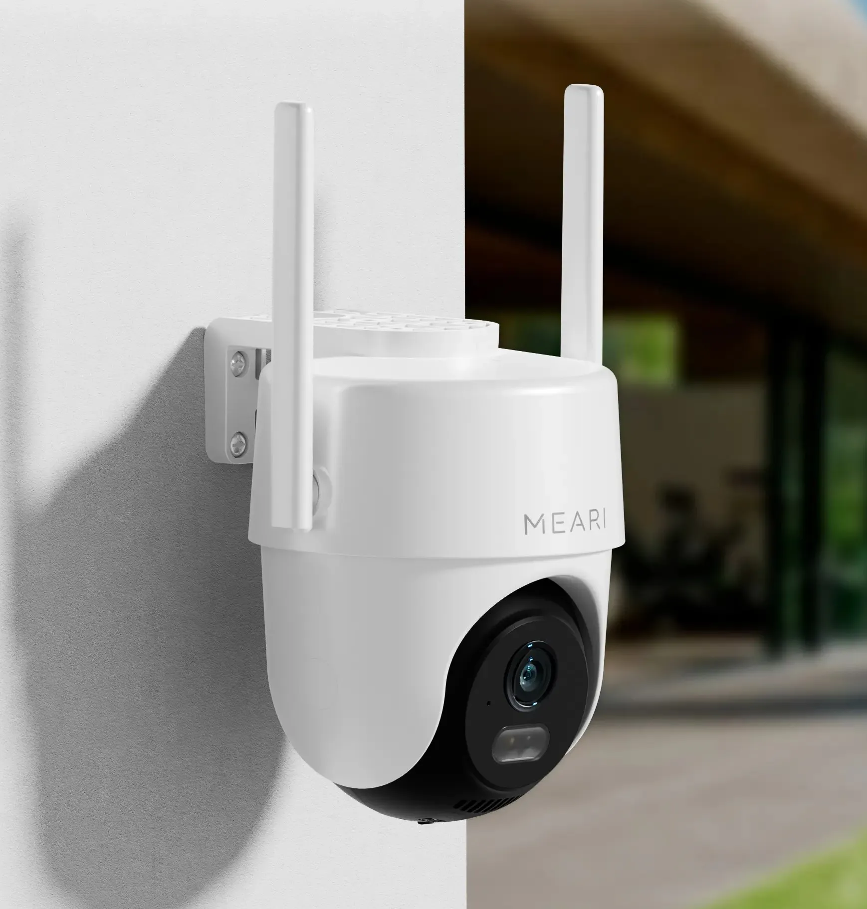 Meari Outdoor Smart PTZ Wi‑Fi Camera S2 mounted on wall with dual antennas