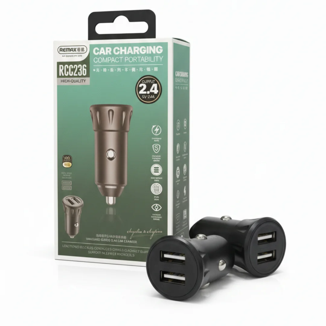 REMAX RCC236 car charger highlighting lengthened buckles for stable charging on bumpy roads.