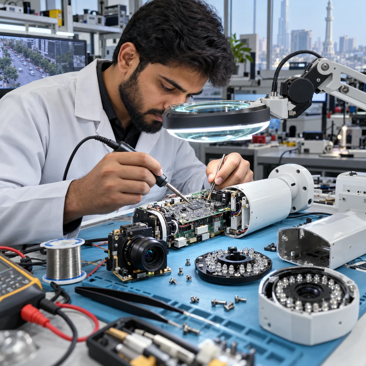 Close-up of a technician testing camera signal voltage using a digital multimeter at a workshop in IT Tower Lahore
