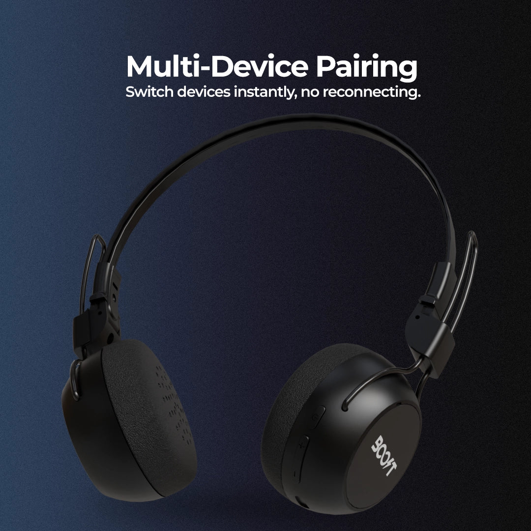 Front perspective of Boost Melody wireless retro audio headset in premium finish