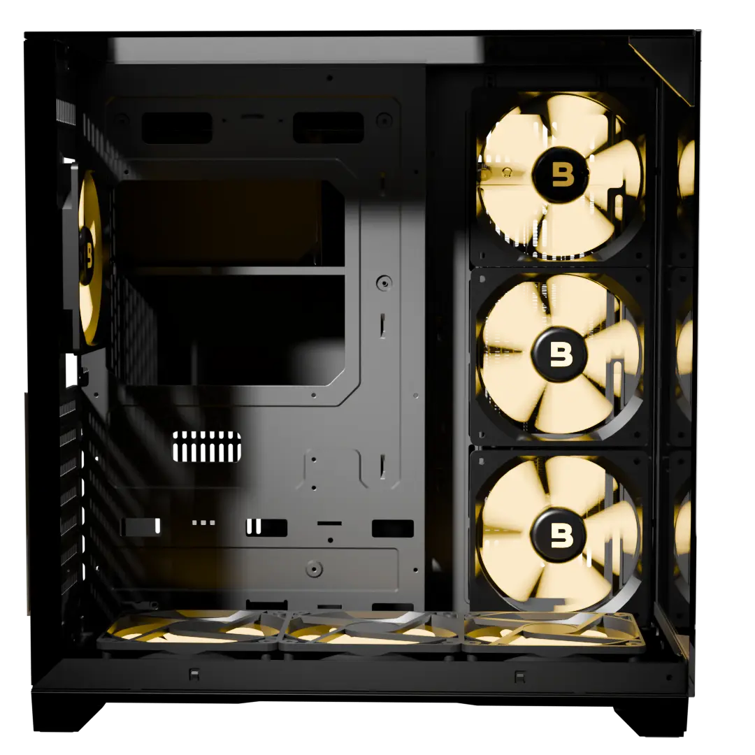 Side fan mounting panel layout of Boost Enclosure X200 showing pre-installed ARGB cooling fans