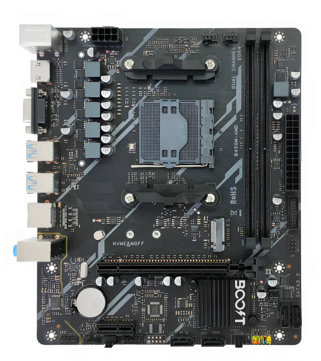 Detailed layout of Boost Core B450M Computer Motherboard highlighting AMD AM4 socket and VRM power delivery