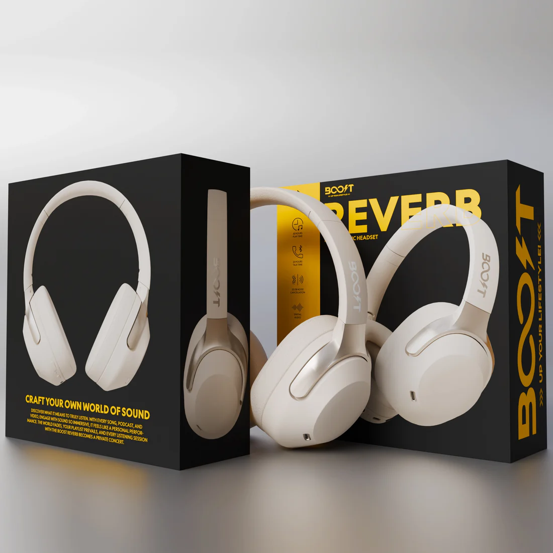 Ergonomic over-ear profile of the Boost Reverb ANC Headset | White in clean finish