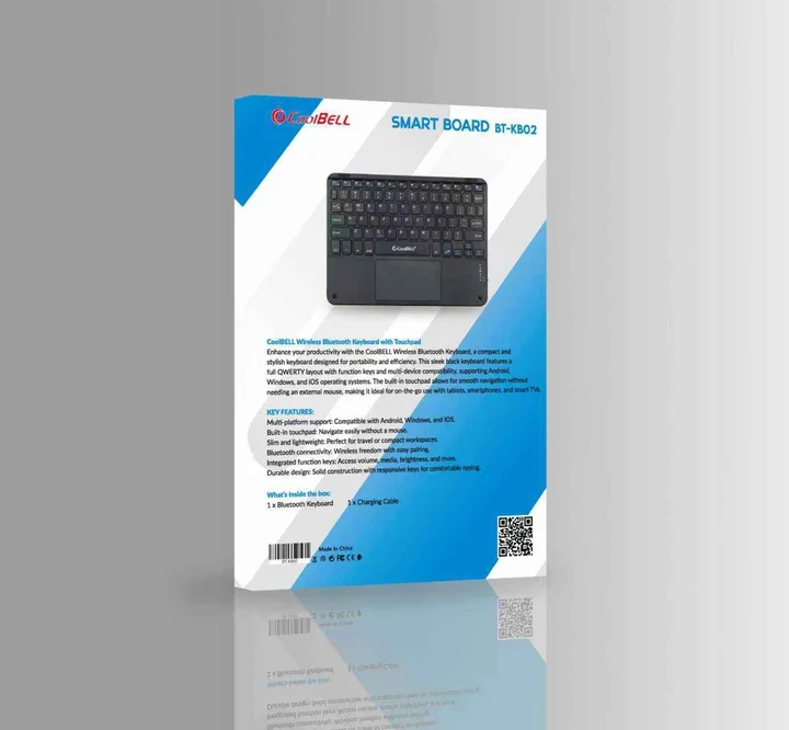 Front view of CoolBell Smart Board BT-KB02 Bluetooth Wireless Keyboard paired with a tablet