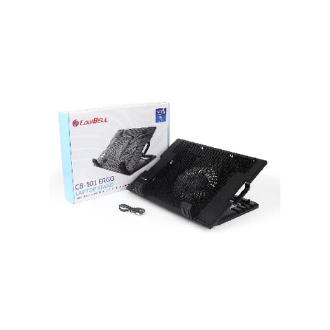 Close-up of high-speed cooling fan and anti-slip laptop stoppers on CoolBell CB-101