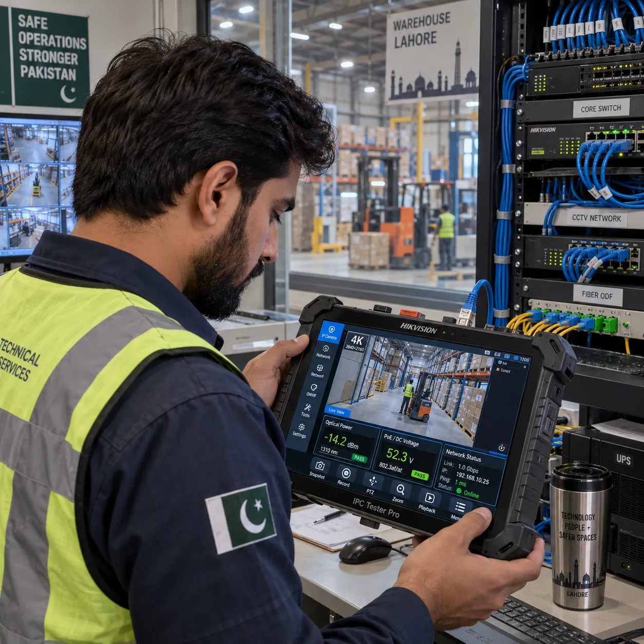 Engineer configuring a multi-bay enterprise NVR server rack with RAID storage drives for a manufacturing plant