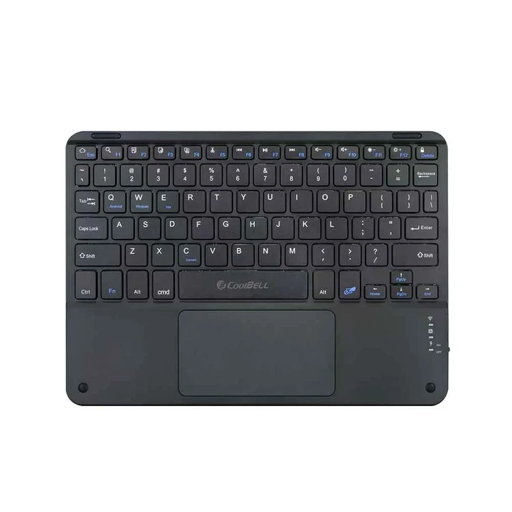 Close-up shot of multi-touch trackpad and low-profile keys on CoolBell BT-KB02 keyboard