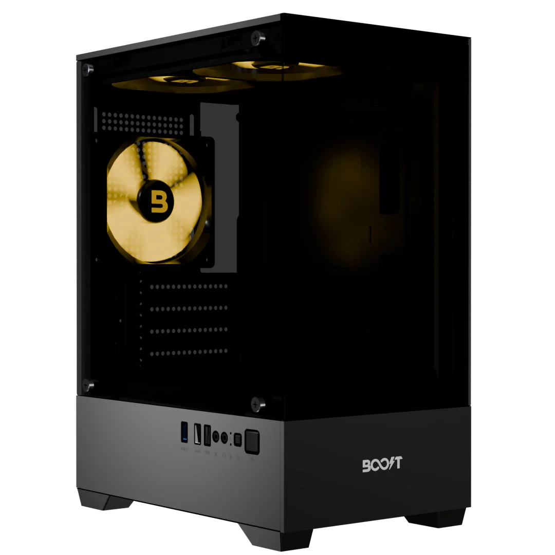 Side view of Boost Enclosure E100 Glass Pc Case highlighting dual tempered glass panels and internal component layout