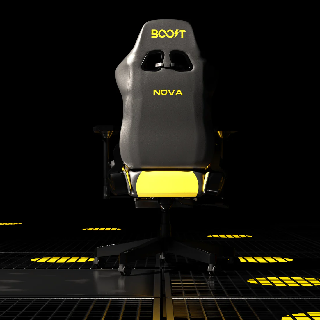 Front view of Boost Nova ergonomic chair featuring yellow and black PU leather finish