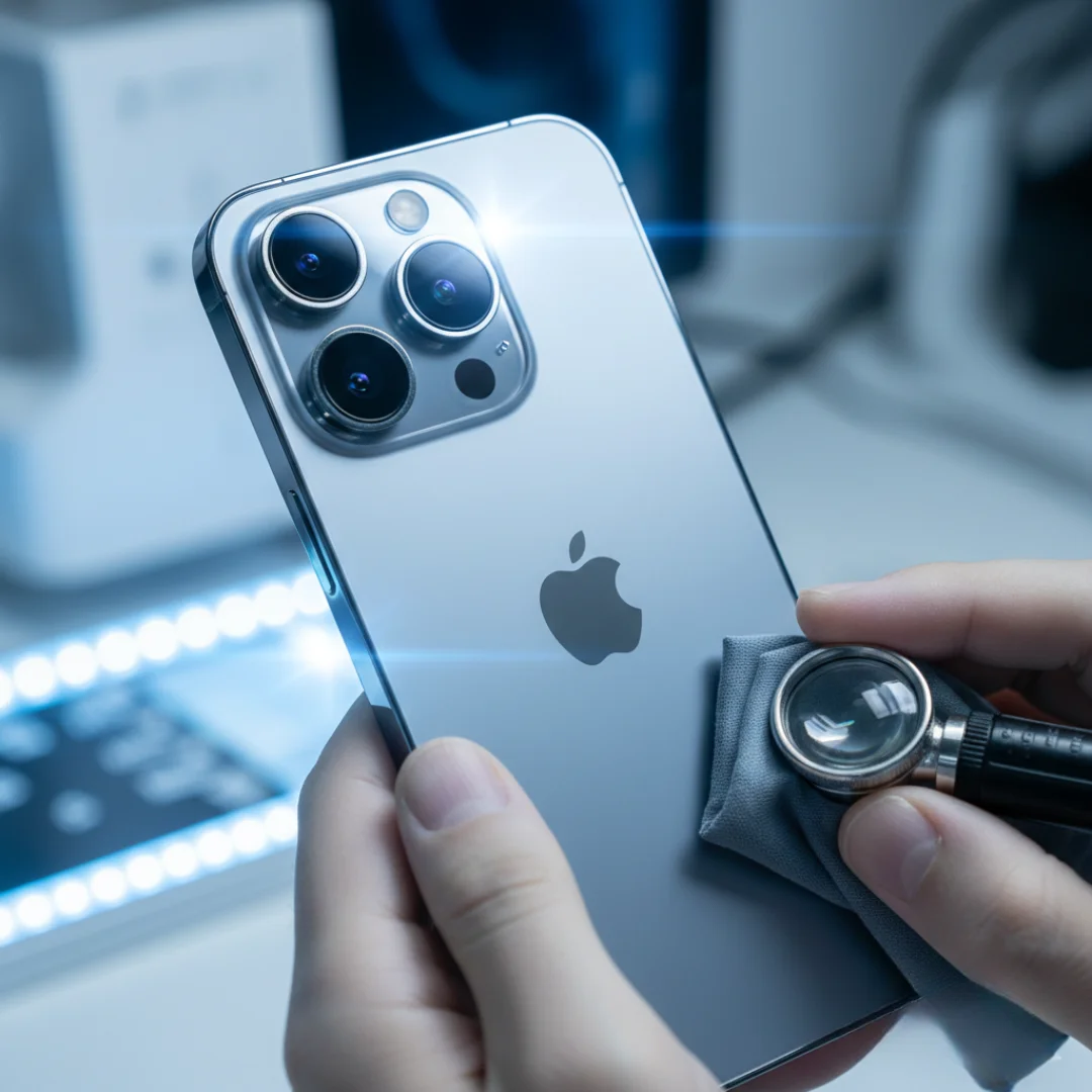 Before and After: A completely shattered Android phone restored to factory look.