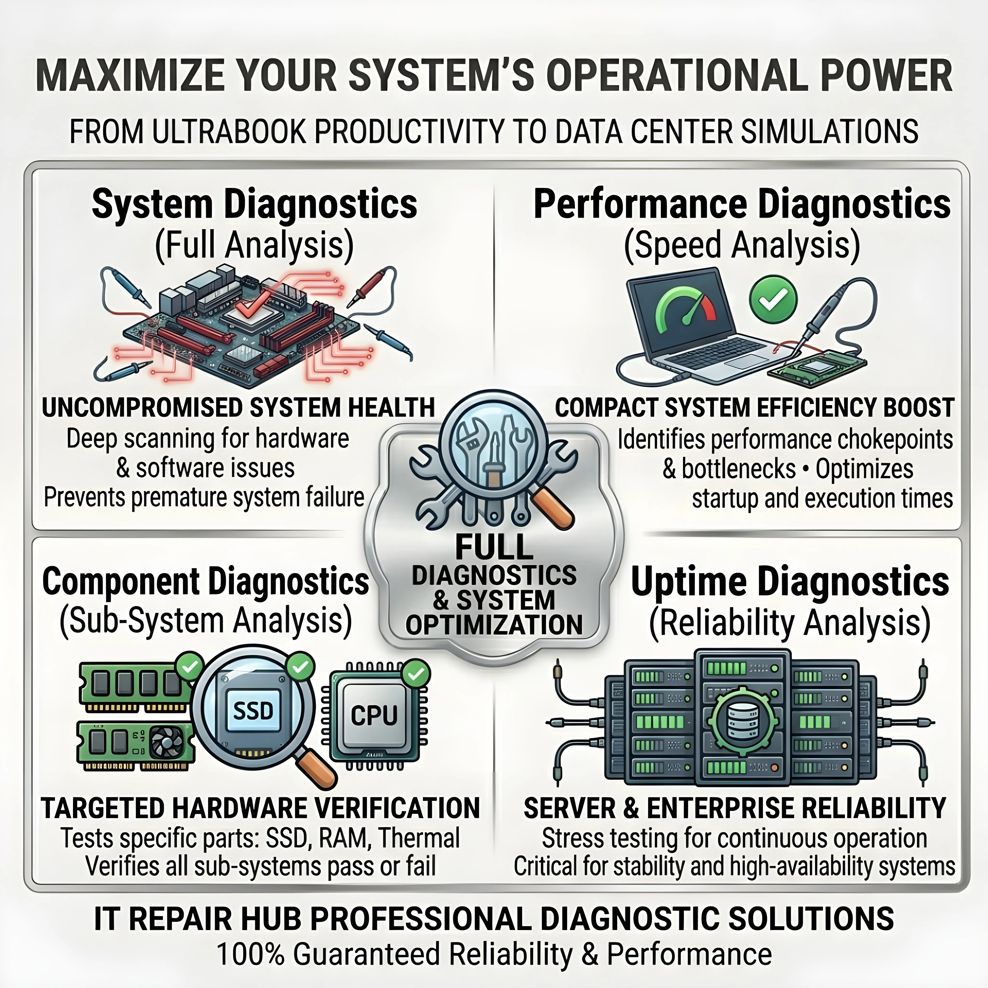 IT Repair Hub Full Diagnostics infographic showing system, performance, component, and reliability stress testing.