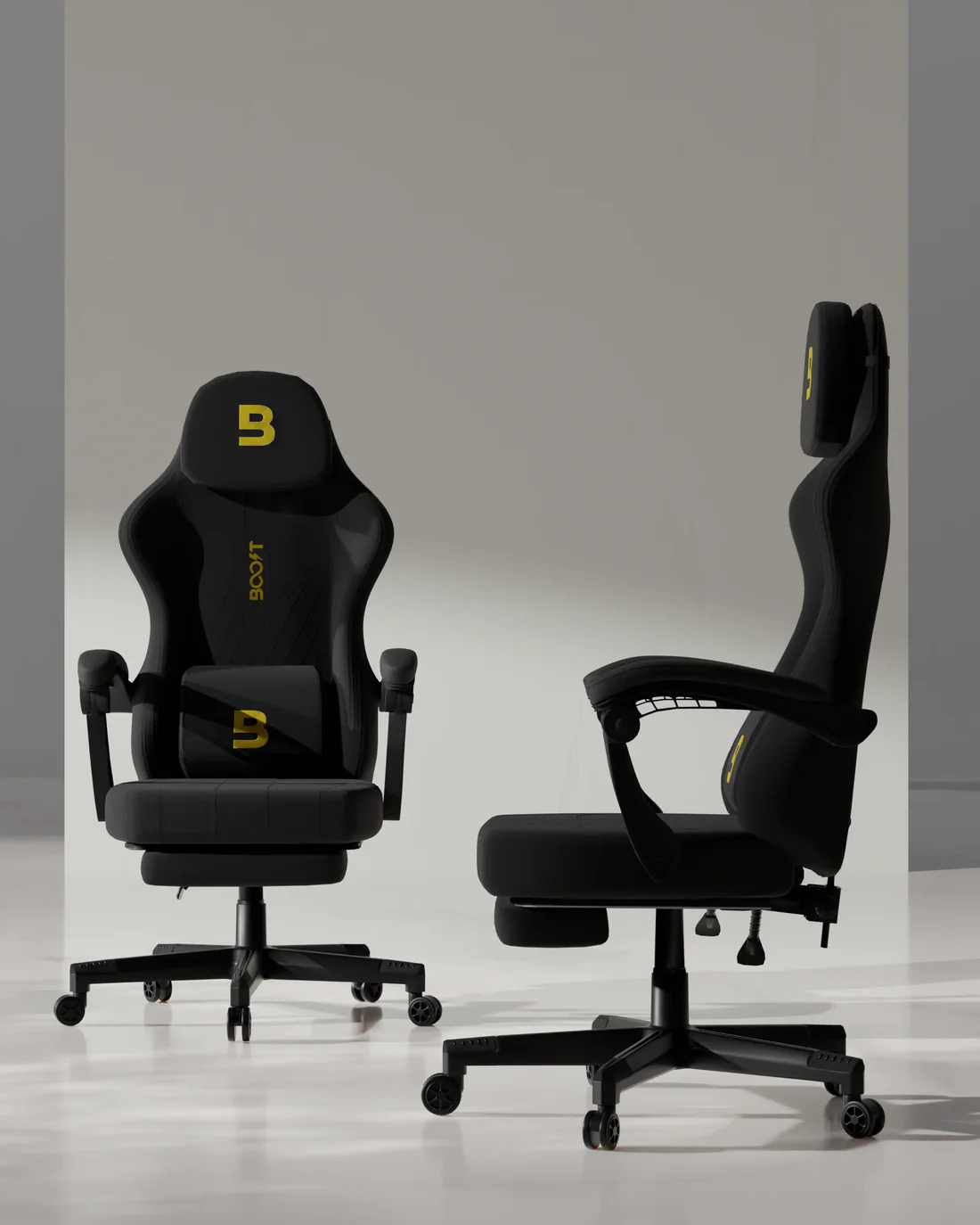 Front perspective of Boost Surge Pro Black ergonomic chair featuring velvet upholstery