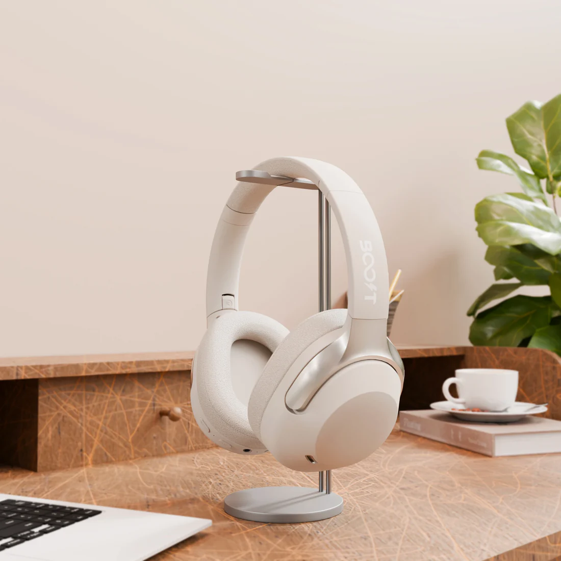 Close-up shot of the 40mm driver earcup on the Boost Reverb ANC Headset | White