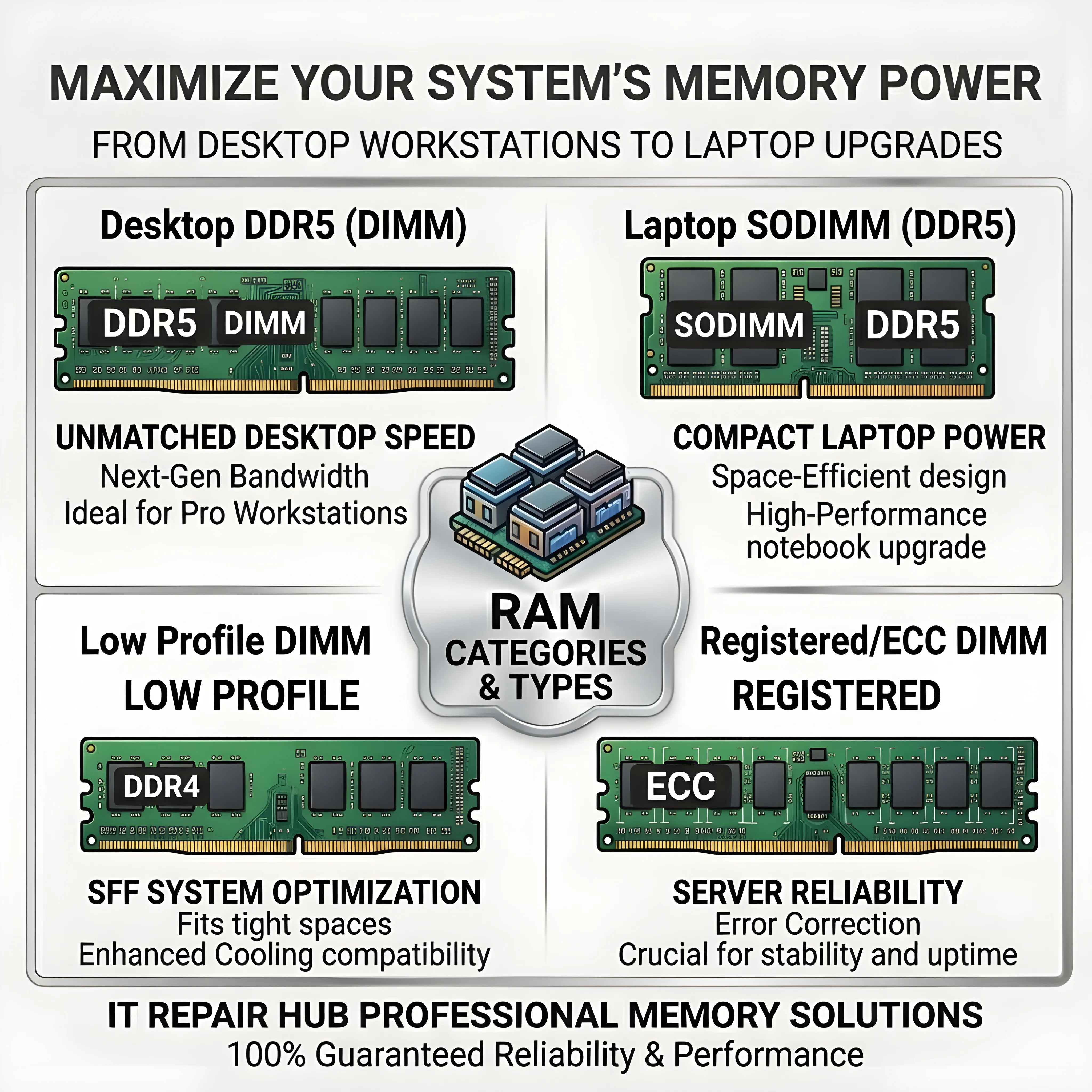 IT Repair Hub infographic detailing RAM categories including DDR5, SODIMM, and ECC memory types.