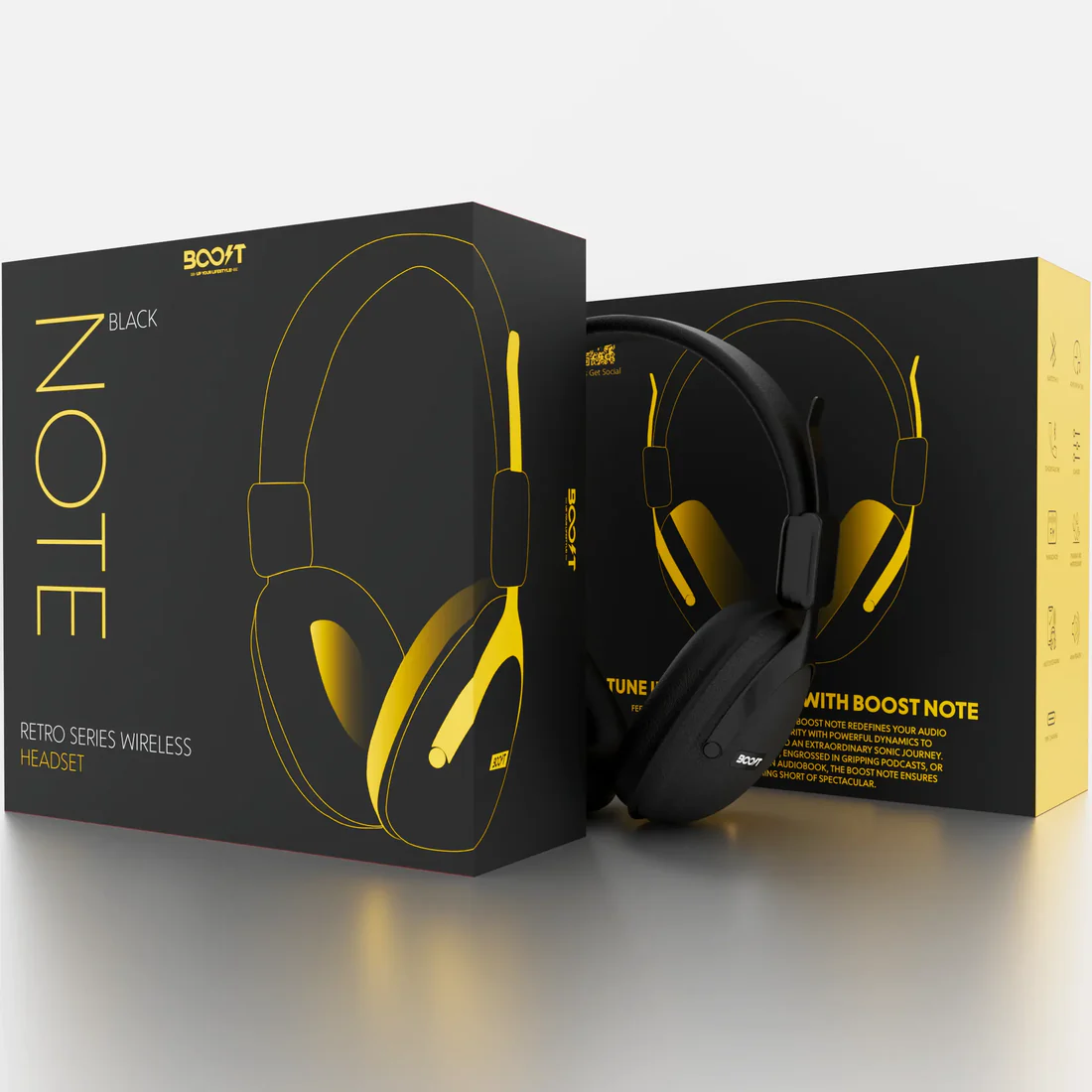 Front perspective of Boost Note retro audio headset