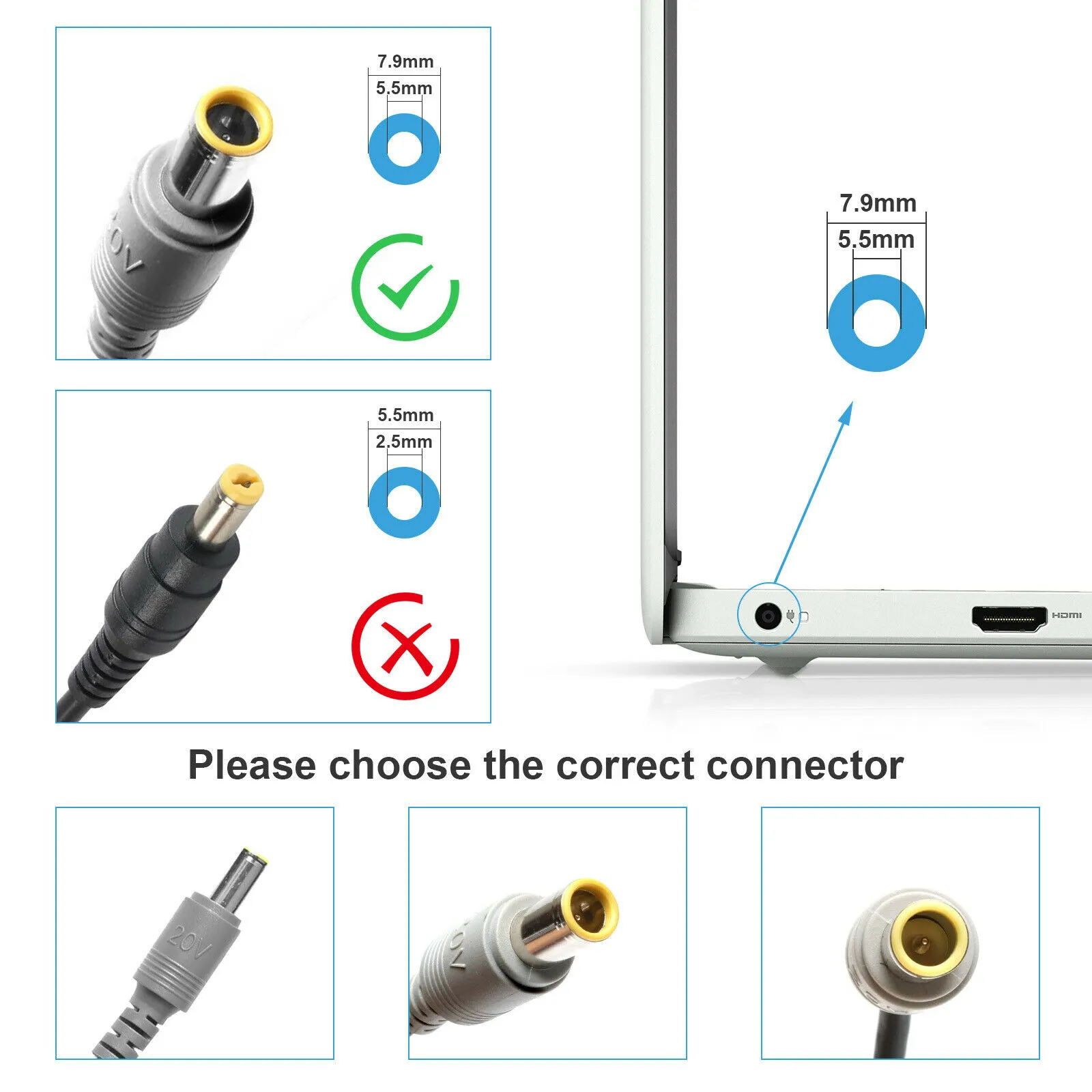 Close-up view of the 7.9mm x 5.5mm round yellow connector tip featuring the central smart signal pin.