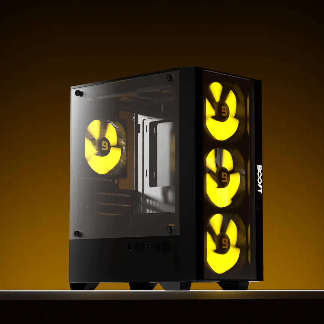 Boost Enclosure E200 chassis from the line of Boost PC Cases featuring 4 pre-installed ARGB fans