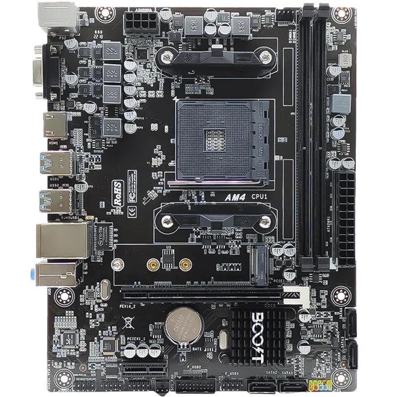 Top-down view of Boost Core A520M Boost Pc Motherboard highlighting AMD AM4 socket and power phases