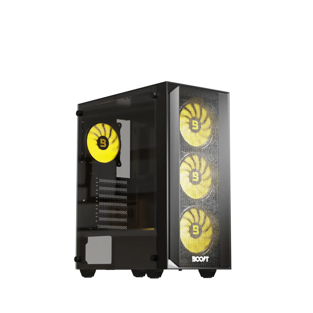 Side tempered glass panel view of Boost Enclosure P200 PC Case displaying internal hardware layout