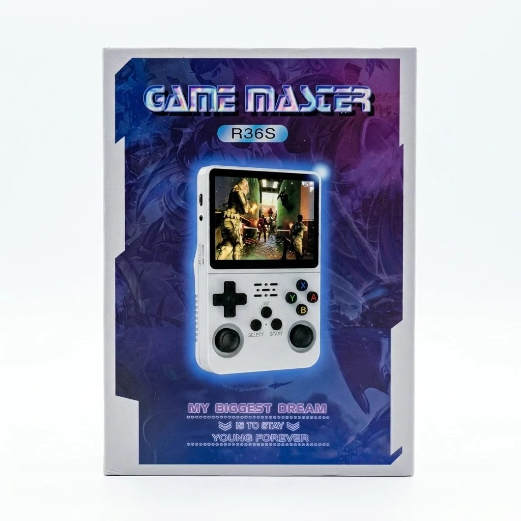 Close-up of the R36S game box handheld dual analog joysticks and precision D-pad