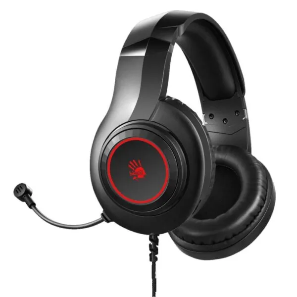 Front view of the comfortable black G220 over-ear headset with red accents