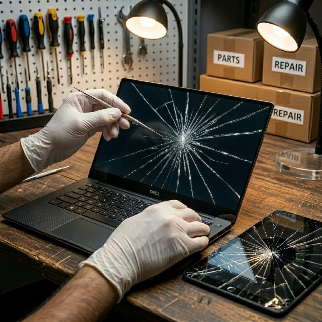 Comparison of a cracked HP Pavilion screen versus a new high-quality replacement display.