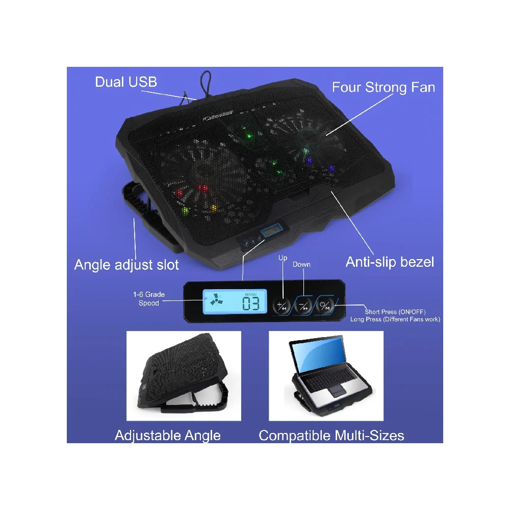 Side angle of CB-18 Cooling Pad showing ergonomic elevation and RGB lighting