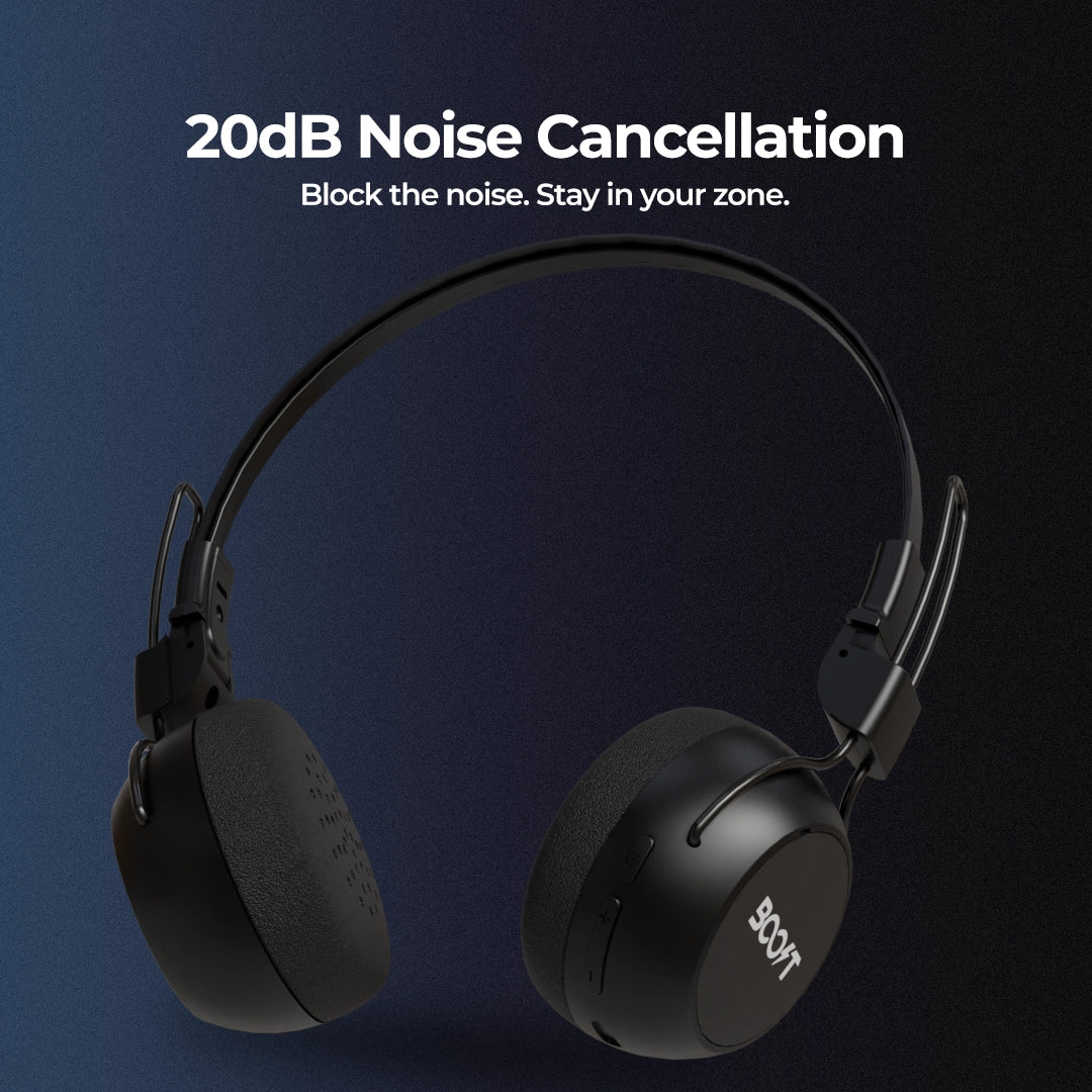 Close-up view of active noise cancellation earcup controls on Boost Melody ANC Headset