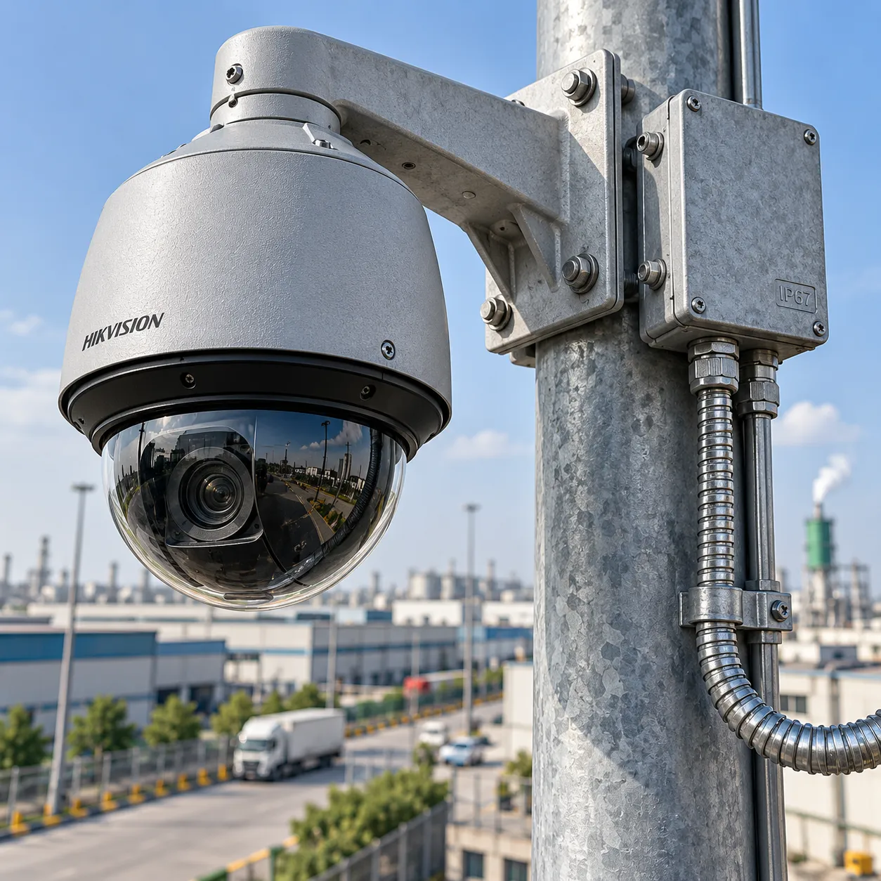 Senior technician testing live video signals and network bandwidth using a handheld CCTV monitor at a factory site in Lahore